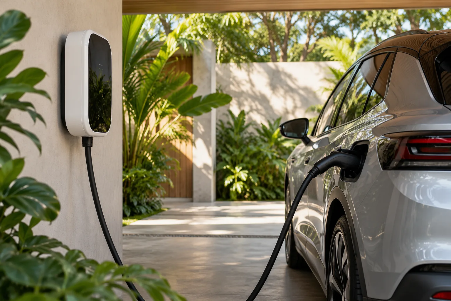 Carregador residencial conectado a um carro elétrico
