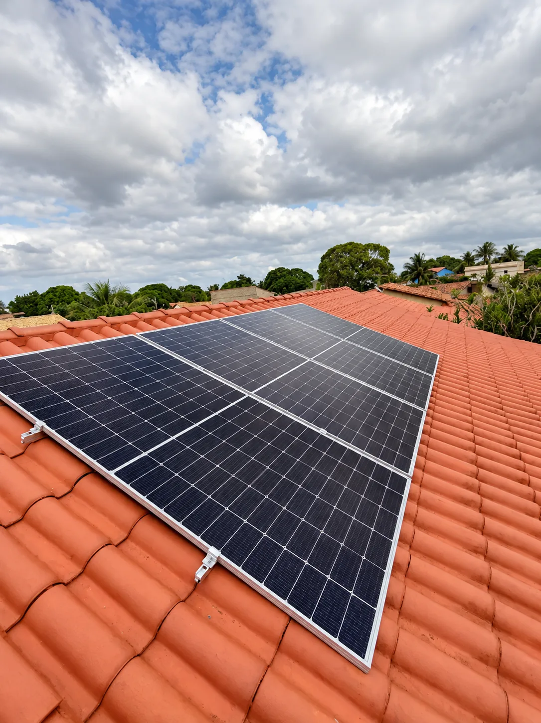 Painéis solares instalados sobre um telhado de cerâmica vermelha